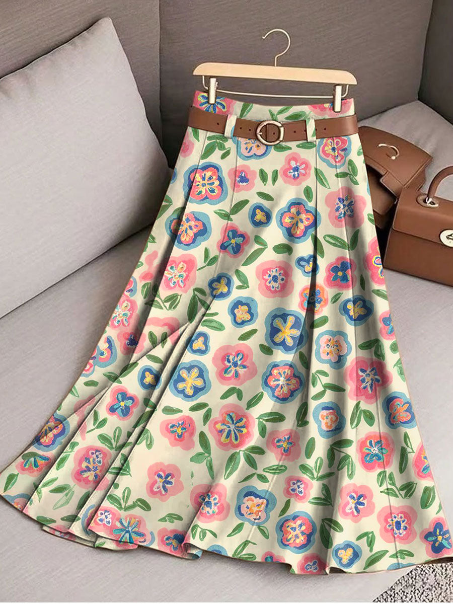 Women's Vintage Flower Art Print Cotton Skirt
