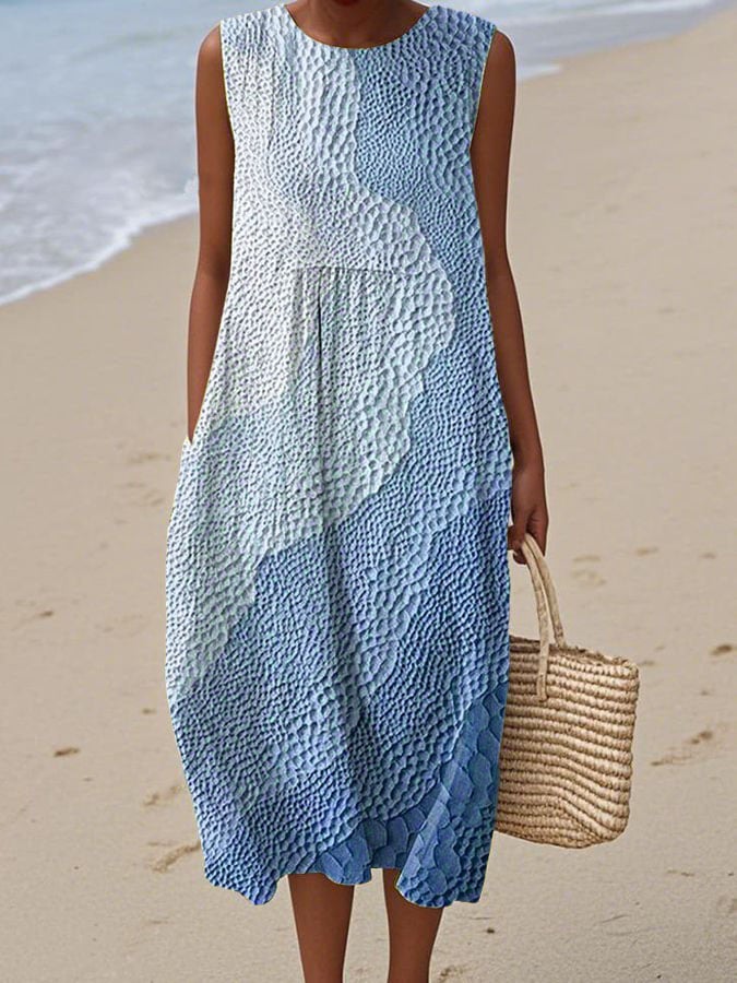 Women's Vintage Abstract Geometric Art Print Sleeveless Cotton Pocket Wrap Dress