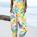 Women's Colorful Large Flower Painting Art Print Casual 100% Cotton Wide Leg Jumpsuit