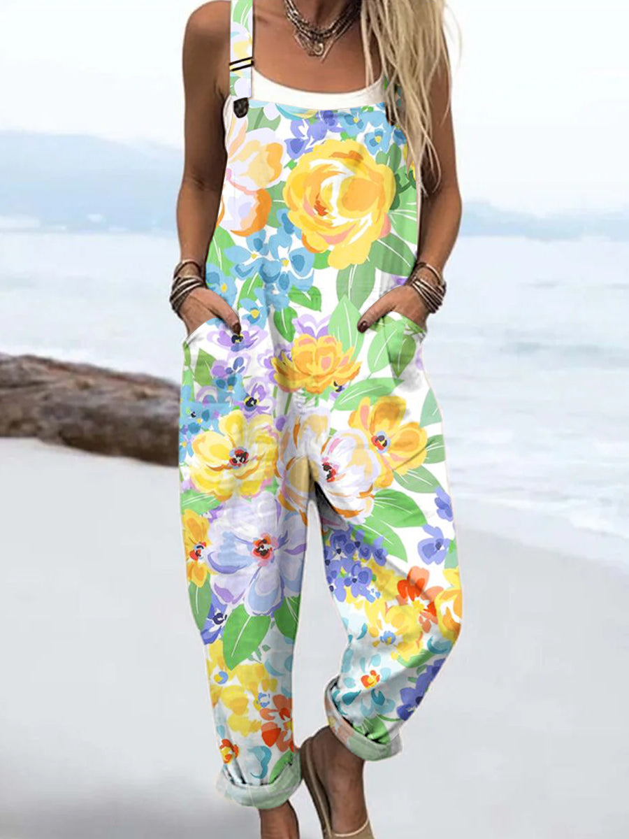 Women's Colorful Large Flower Painting Art Print Casual 100% Cotton Wide Leg Jumpsuit