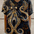 Women's Vintage Octopus Art Print Casual Cotton And Linen Shirt