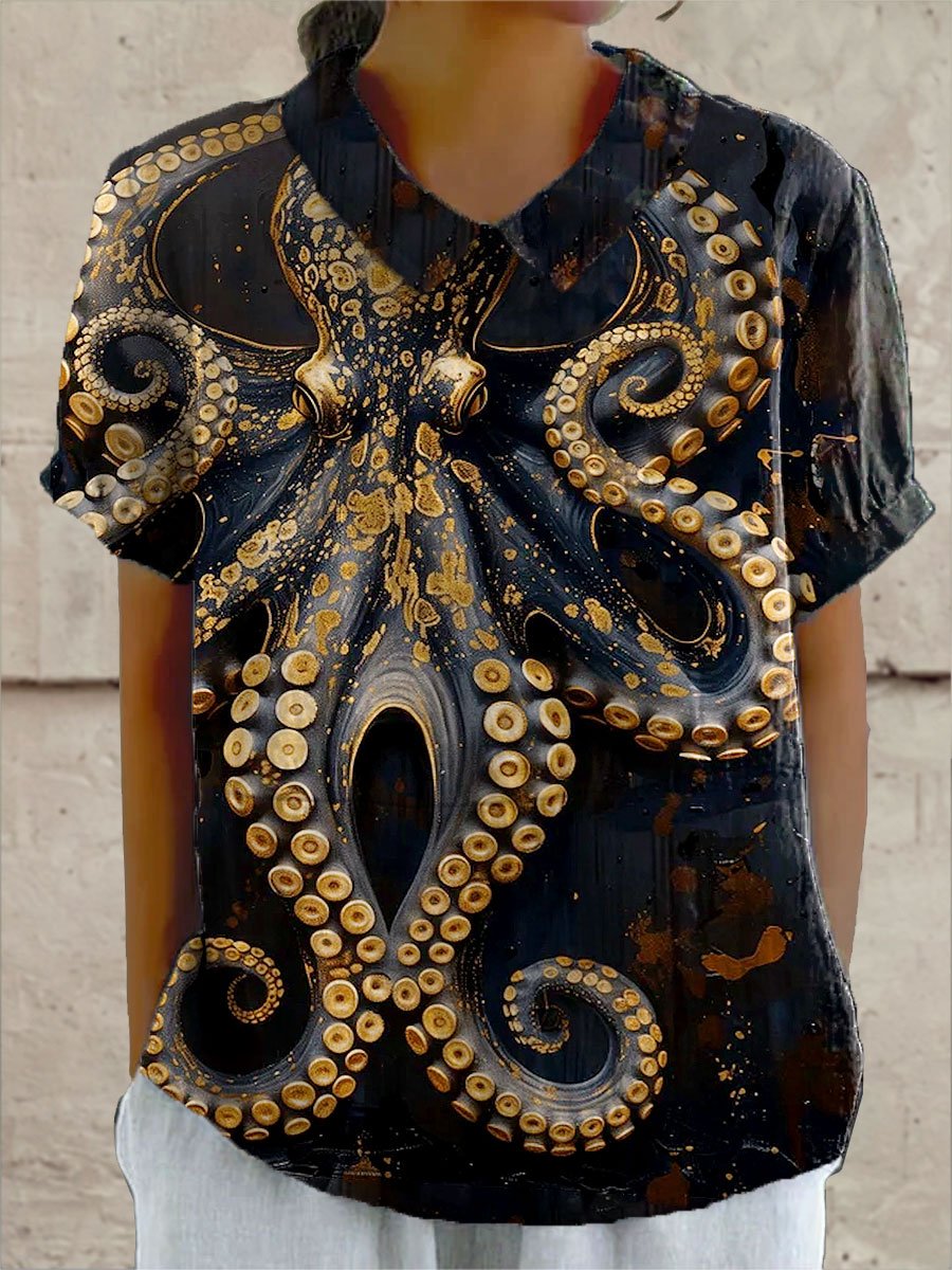 Women's Vintage Octopus Art Print Casual Cotton And Linen Shirt