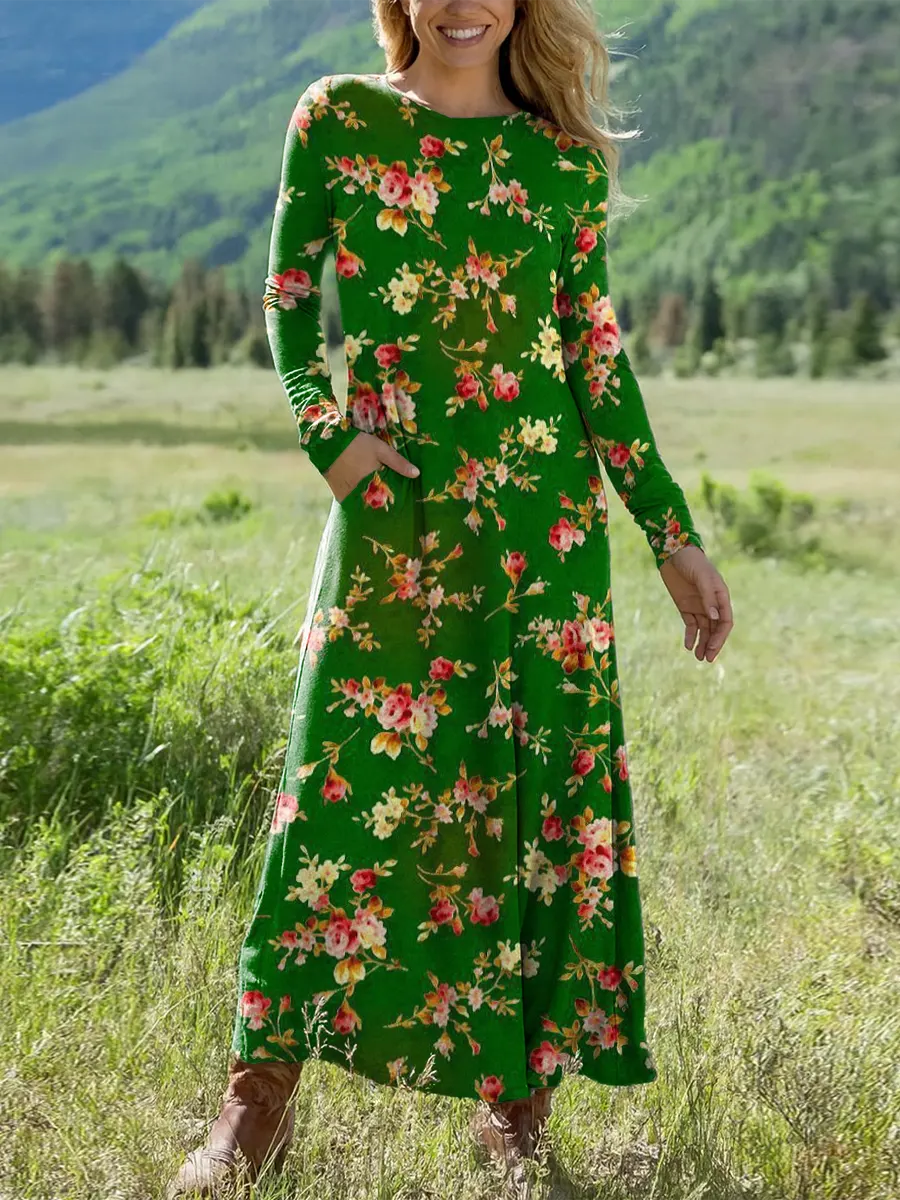 Women's Vintage Floral Art Print Casual Cotton Dress