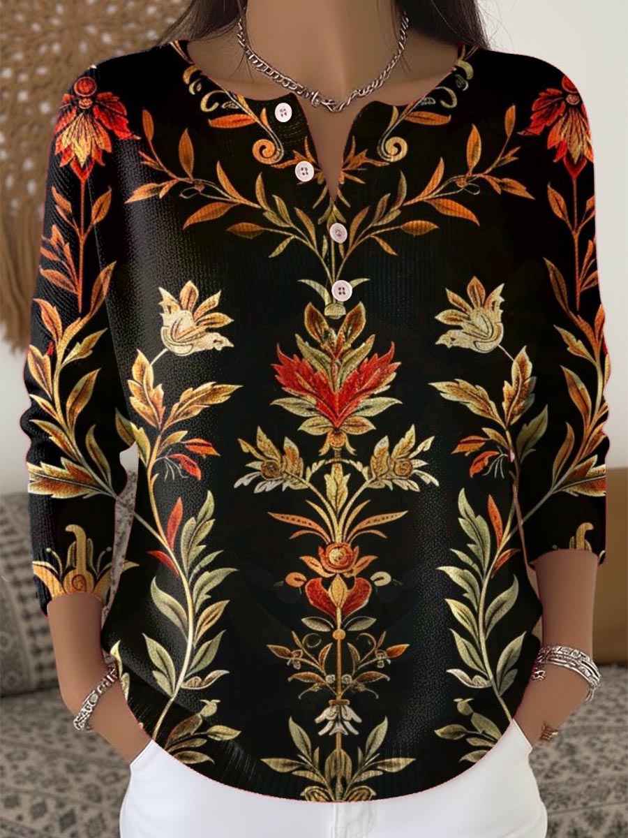 Women's Floral Pattern Art Print Buttoned Cardigan Sweater