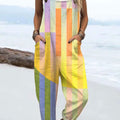 Women's  Vintage Abstract Geometric Art Print Casual 100% Cotton Wide Leg Jumpsuit