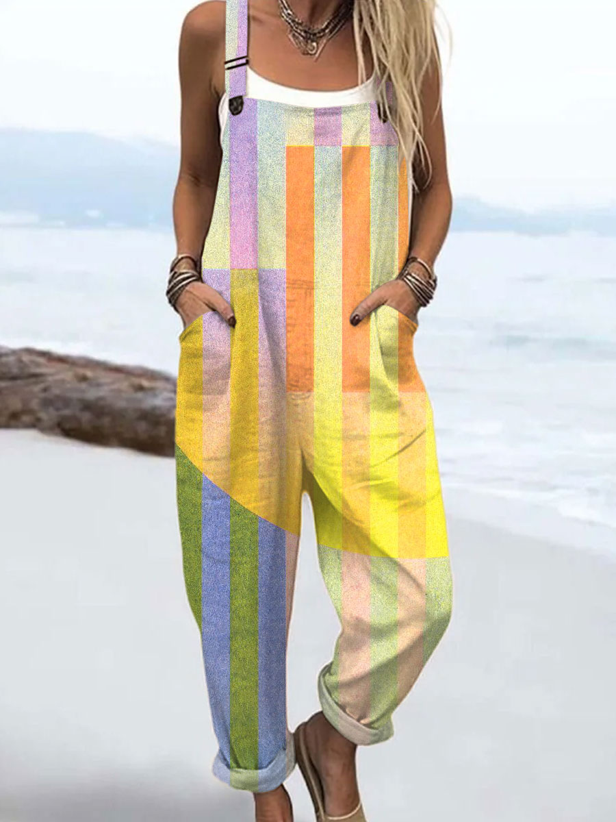 Women's  Vintage Abstract Geometric Art Print Casual 100% Cotton Wide Leg Jumpsuit