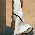 Elegant Color-block Trimmed Loose-fit Cotton-linen Hooded Dress