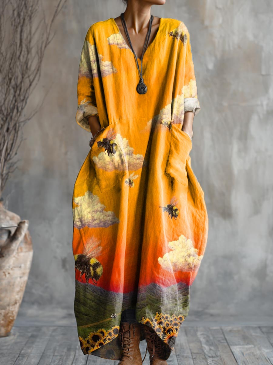 Women's Lovely Bees Sunflower Art Pattern Print Pocket V-neck Cotton Dress