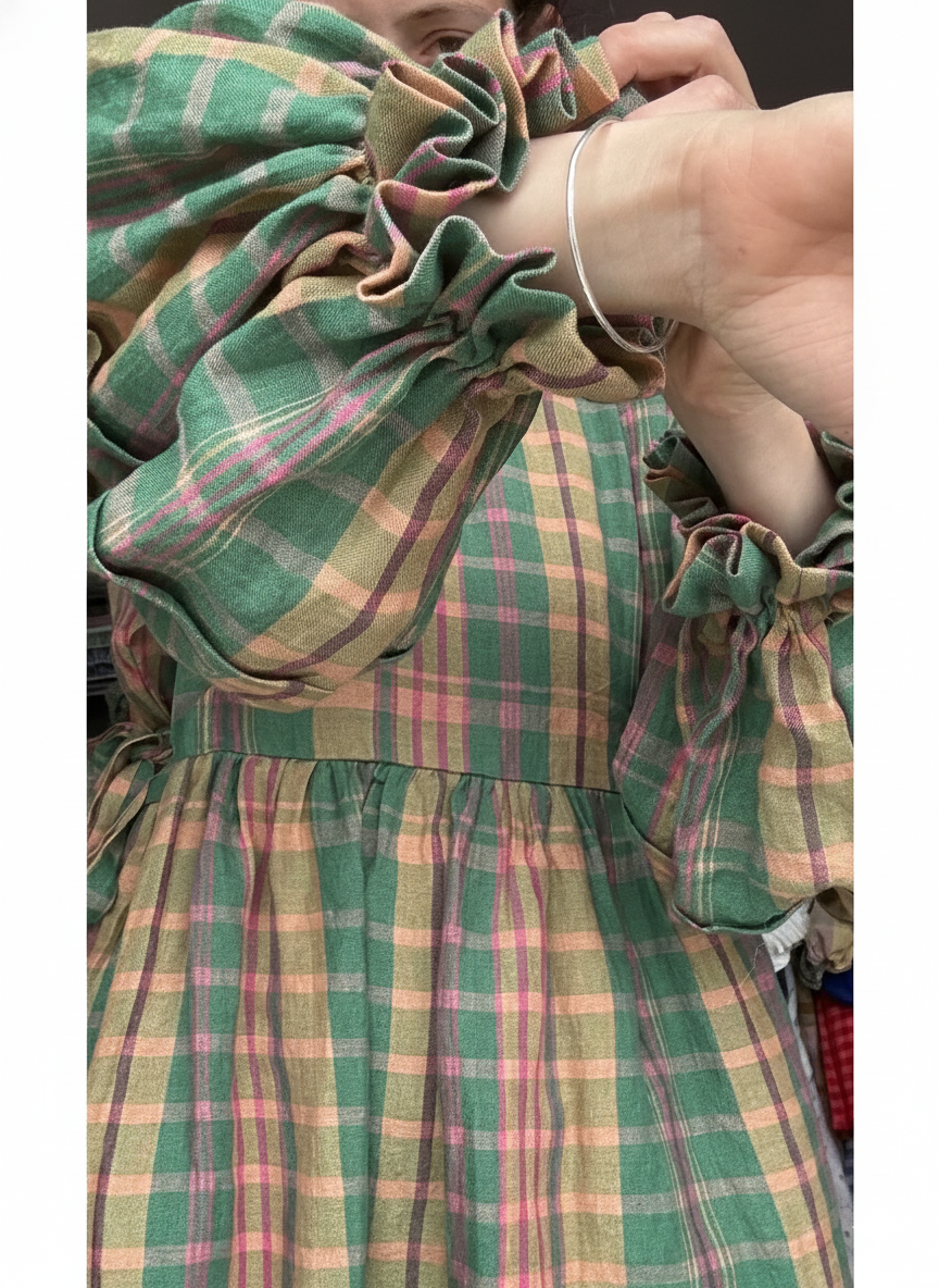 Women's Cotton And Linen Plaid Lantern Sleeve Dress