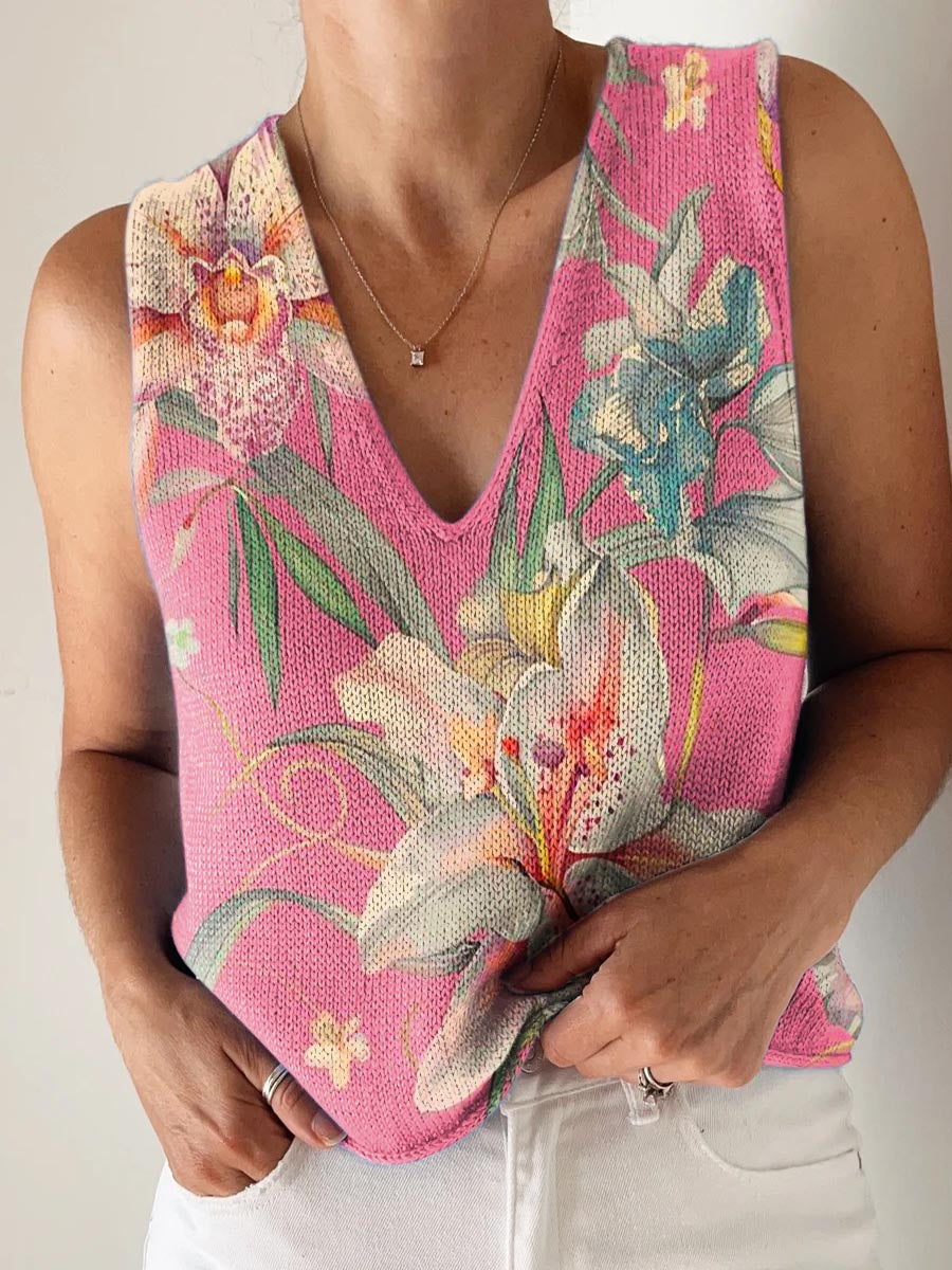 Women's Lovely Floral Art Print Casual V-Neck Knitting Top