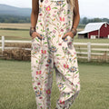 Women's  Vintage Flower Art Print Casual 100% Cotton Wide Leg Jumpsuit
