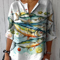 Women's Vintage Lovely Fish Art Print Casual Cotton Linen Shirt