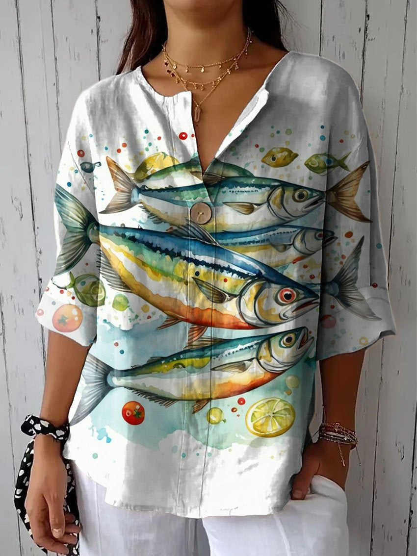 Women's Vintage Lovely Fish Art Print Casual Cotton Linen Shirt