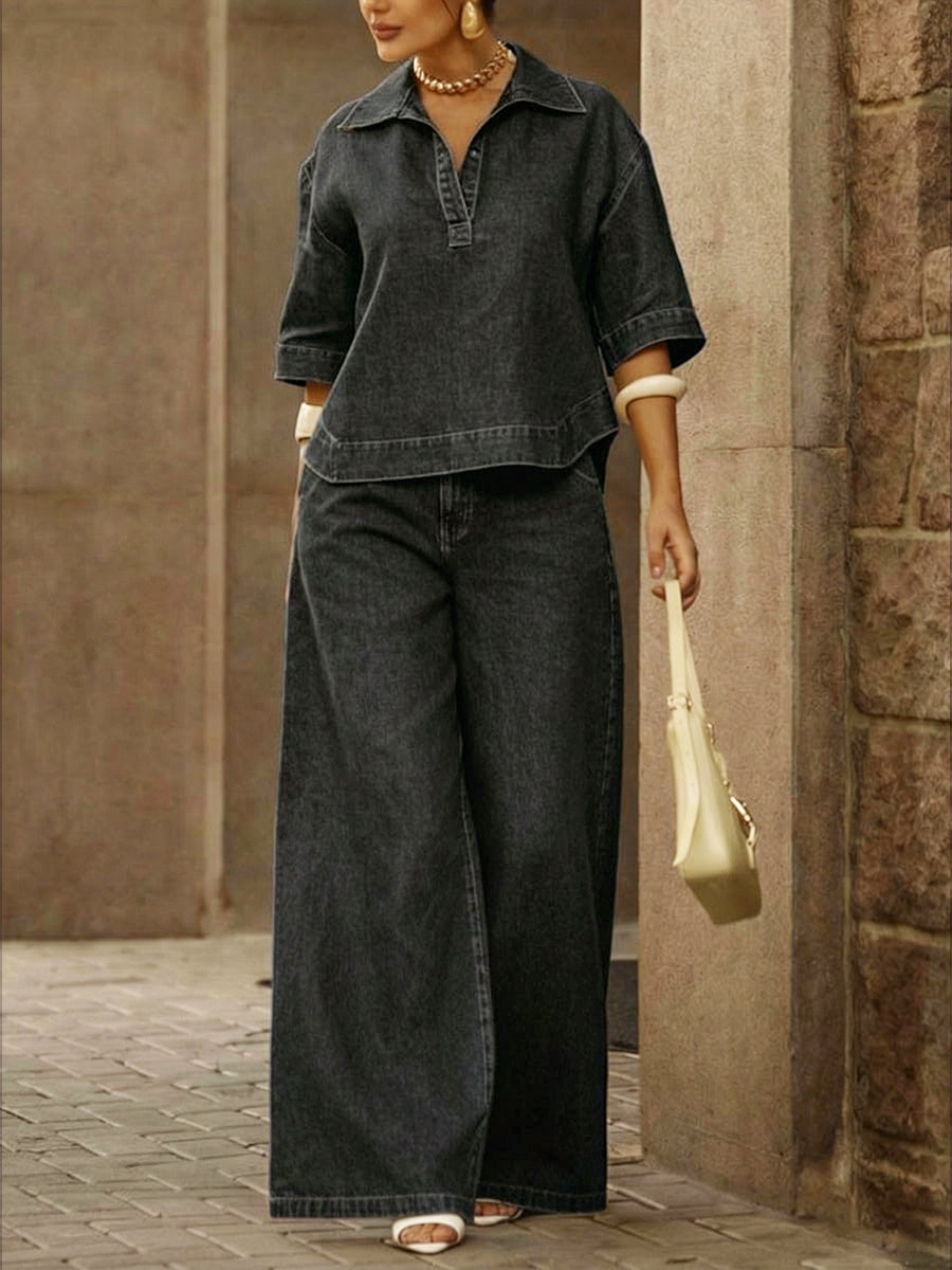 Women's Casual 100% Cotton Denim Top And Wide-leg Pants Two-piece Set