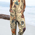 Women's Vintage Flower Art Print Casual 100% Cotton Wide Leg Jumpsuit