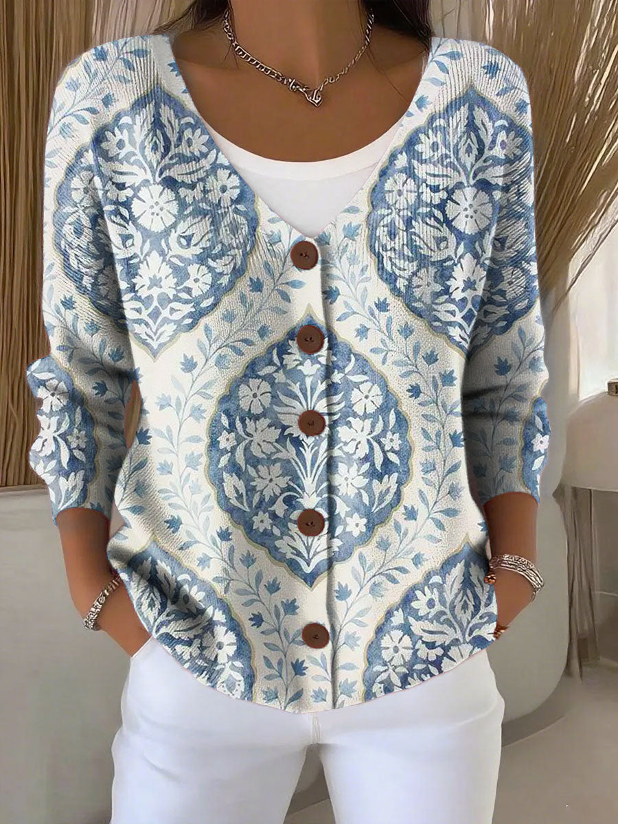 Ethnic Pattern Print Buttoned V-neck Cardigan Sweater