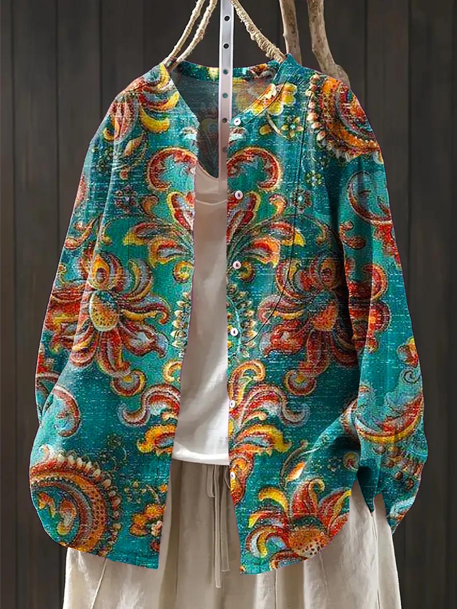 Women's Vintage Floral Art Print Casual Cotton And Linen Shirt