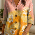 Women's Flower Pattern Print Casual Cotton And Linen Shirt