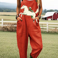 Women's Vintage Dachshund Riding A Horse Art Print Casual 100% Cotton Wide Leg Jumpsuit
