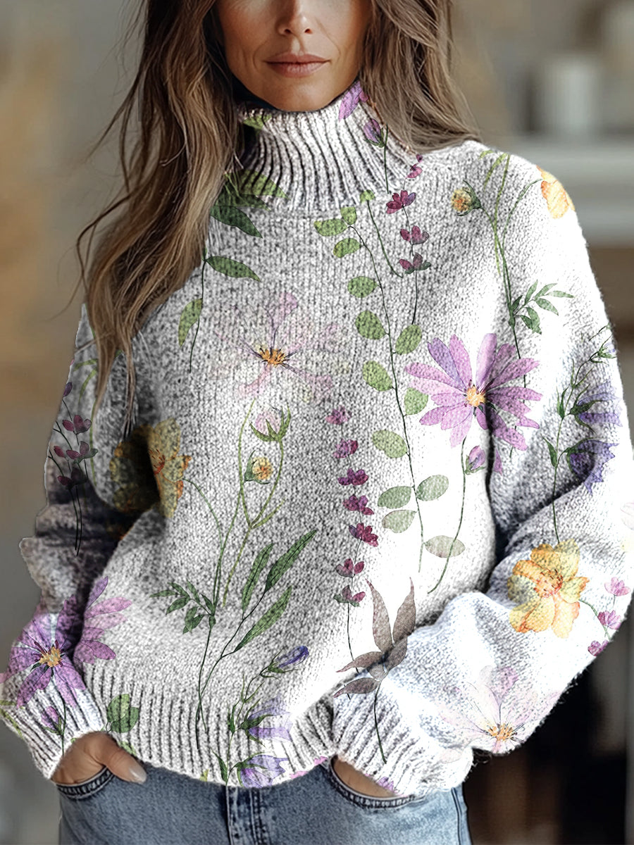 womens-retro-art-ink-flower-print-knit-turtleneck-pullover-sweater