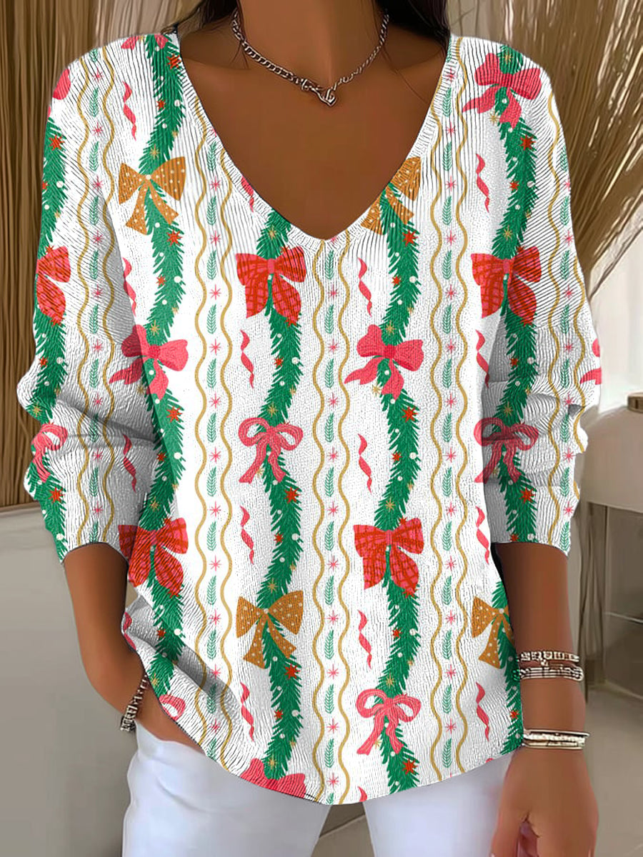 Women's Beautiful Christmas Gift Stripe Painting Art Print Casual Pullover Sweater