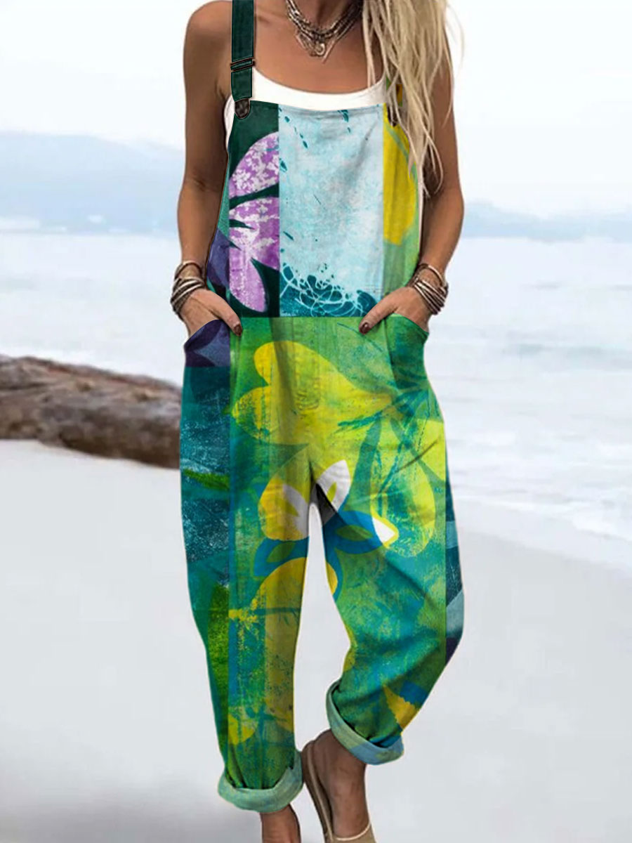 Women's Vintage Color Block Floral Art Print Casual 100% Cotton Wide Leg Jumpsuit