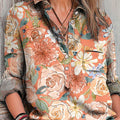 Women's Vintage Beautiful Large Flower Painting Art Print Casual Cotton And Linen Shirt