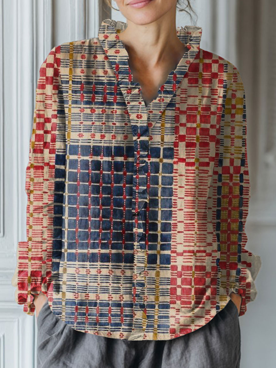 Women's Vintage  Abstract Geometry Art Print Casual Cotton And Linen Ruffle Shirt