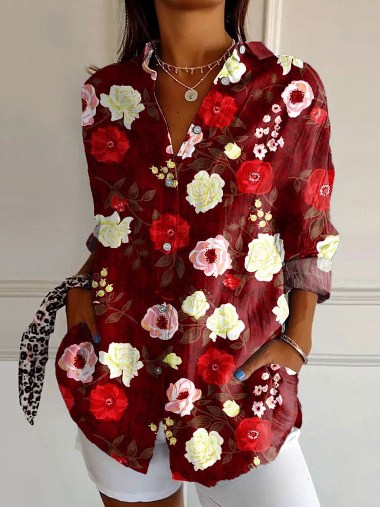Women's  Floral Art Print Casual Cotton Shirt