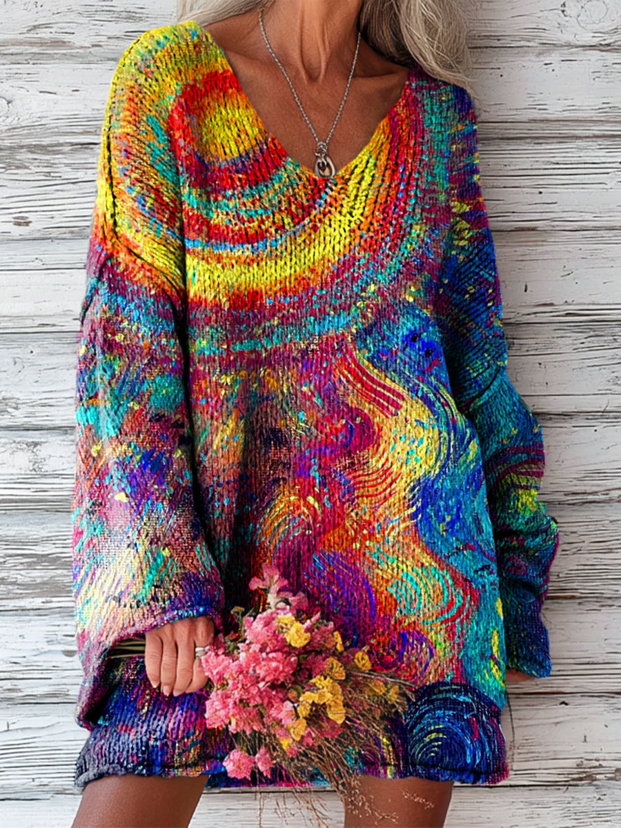 Women's Beautiful Abstract Sun Painting Art Print Casual Pullover Sweater