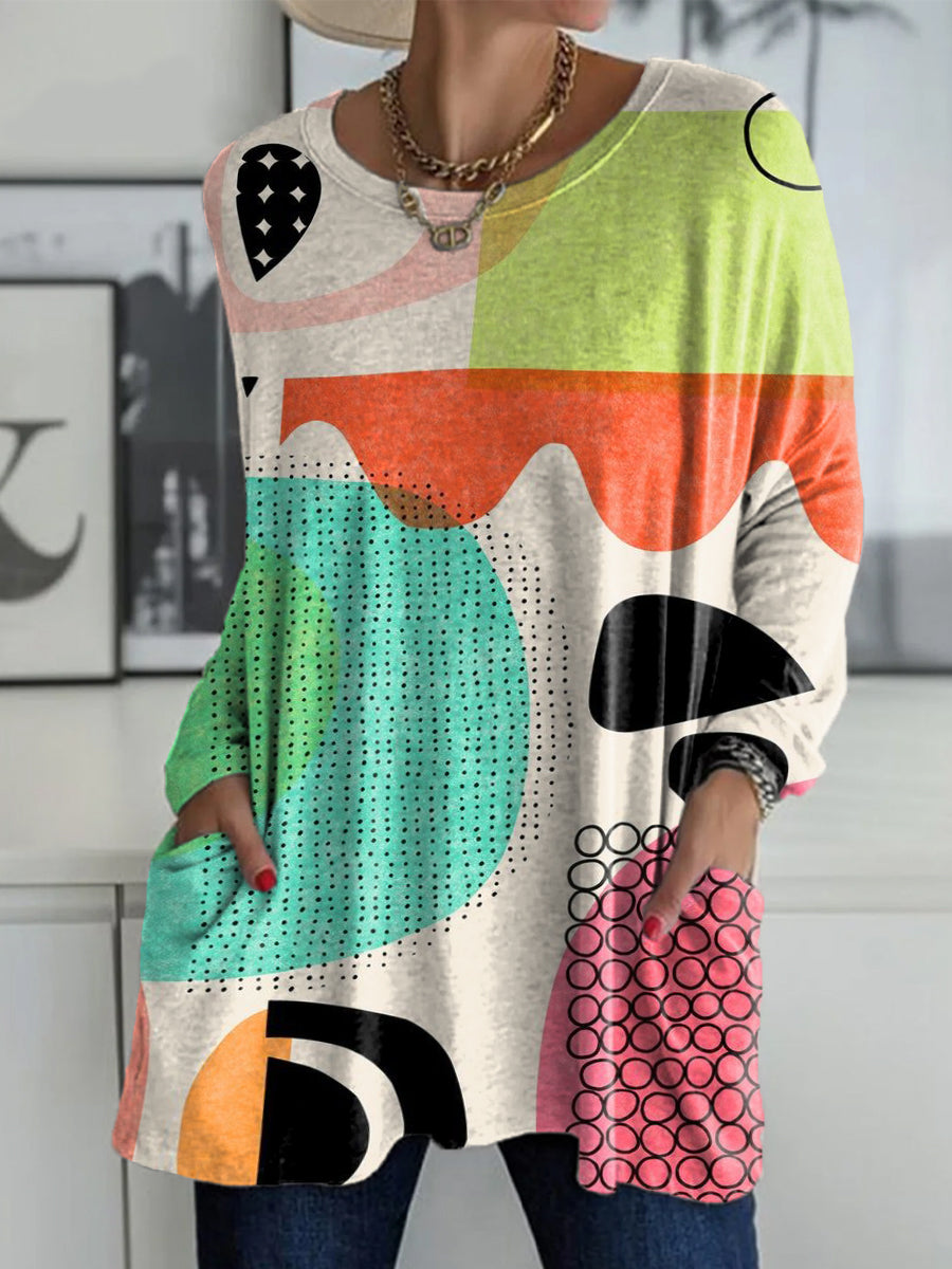 Women's Irregular Color Blocks Print Casual Long Sleeve Comfortable Cotton Shirt