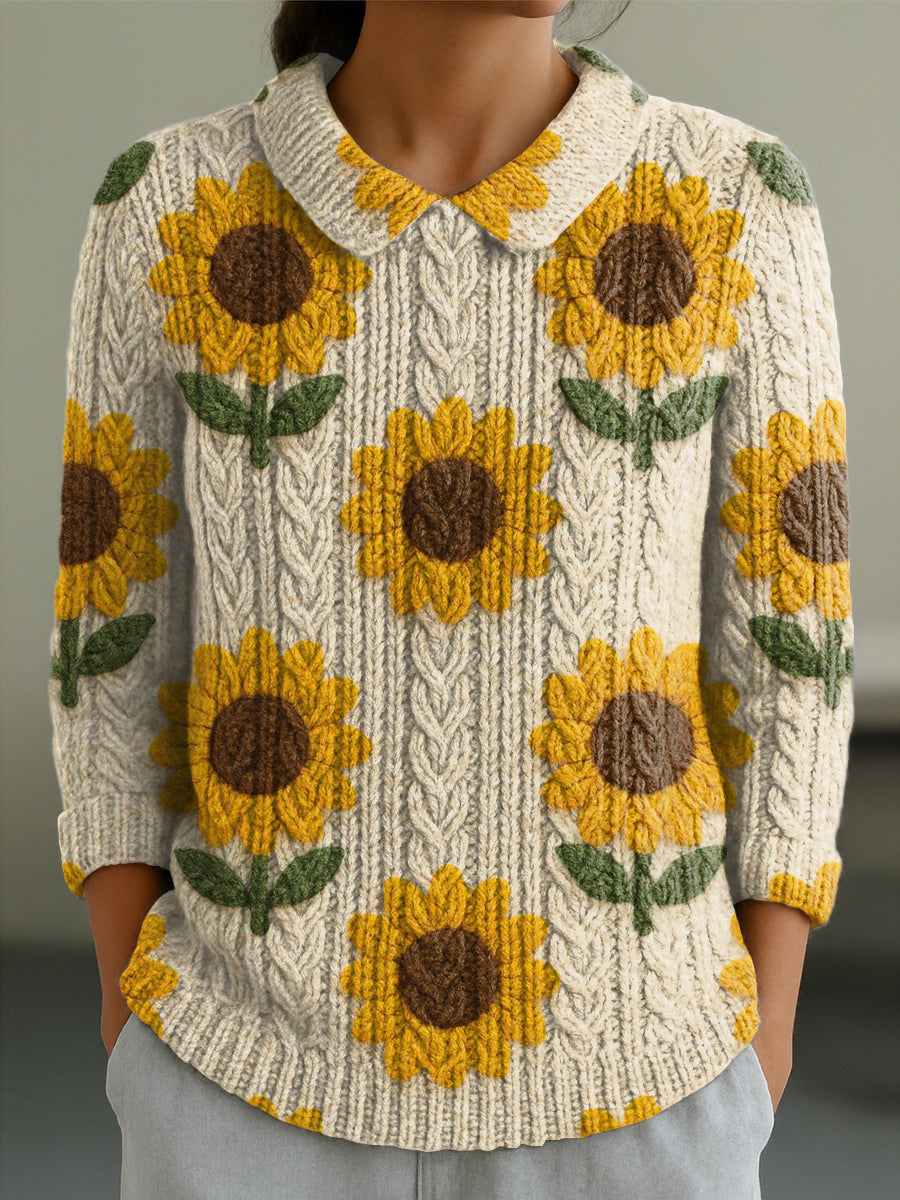 womens-cute-sunflower-painting-art-print-casual-peter-pan-collar-3-4-sleeve-sweater