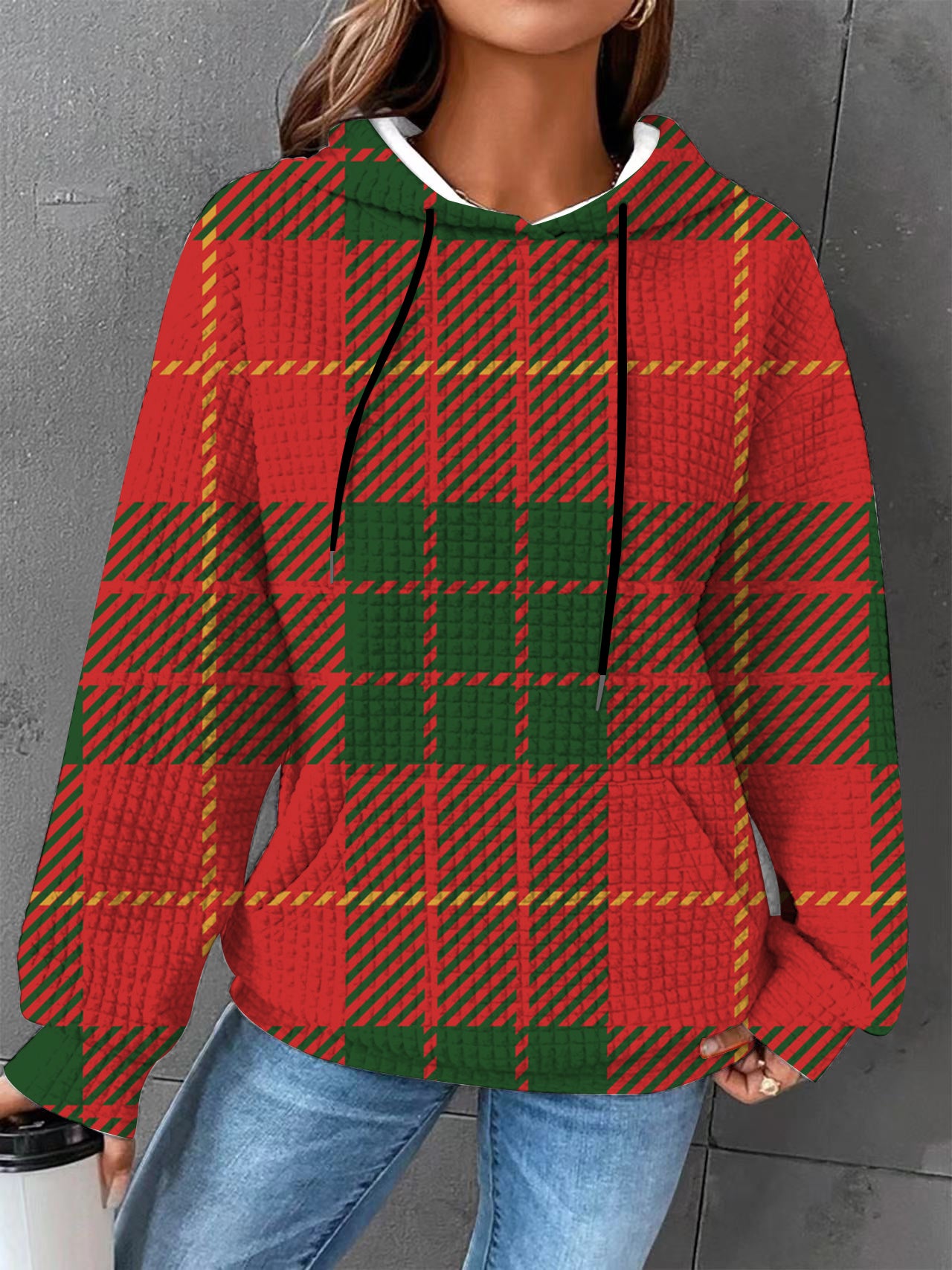 Plus size Autumn/Winter Women's Essential Creative Printed Long Sleeve Hooded Waffle Sweatshirt