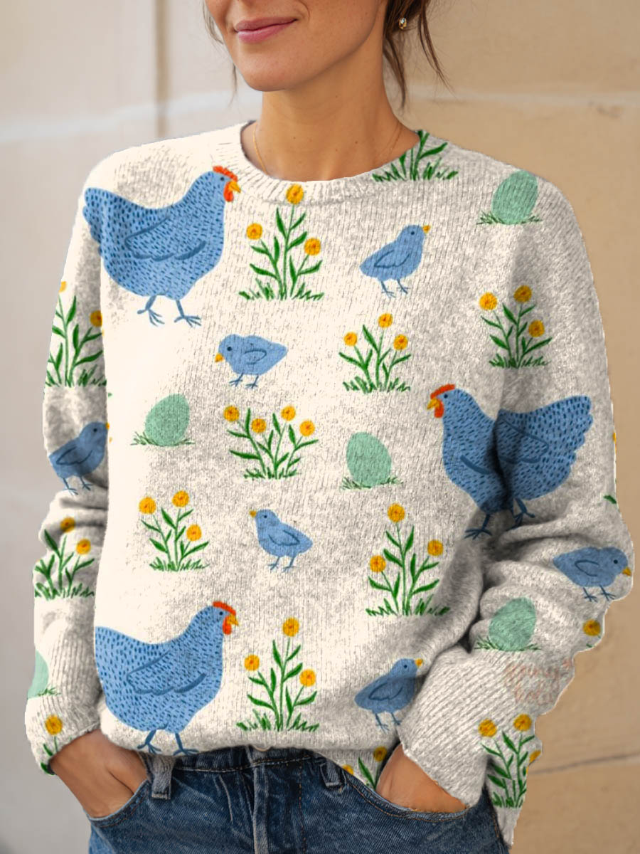 womens-chicken-floral-pattern-art-print-knit-pullover-sweater