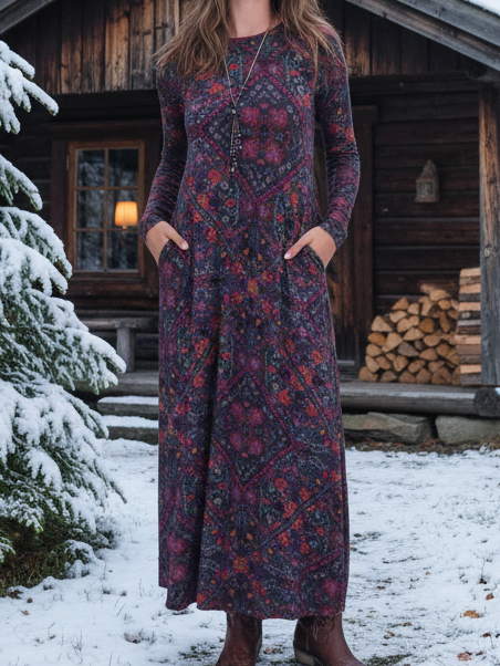 Boho Mandala Patchwork Pattern Soft Knit Dress