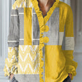 Women's Vintage  Abstract Geometry Art Print Casual Cotton And Linen Ruffle Shirt