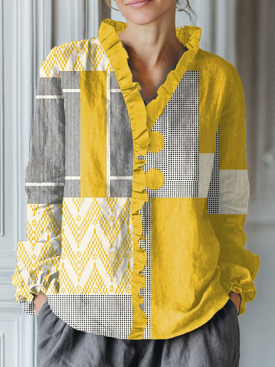 Women's Vintage  Abstract Geometry Art Print Casual Cotton And Linen Ruffle Shirt