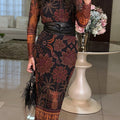 Women's Stretch-mesh Vintage Floral-print Long-sleeved Dress