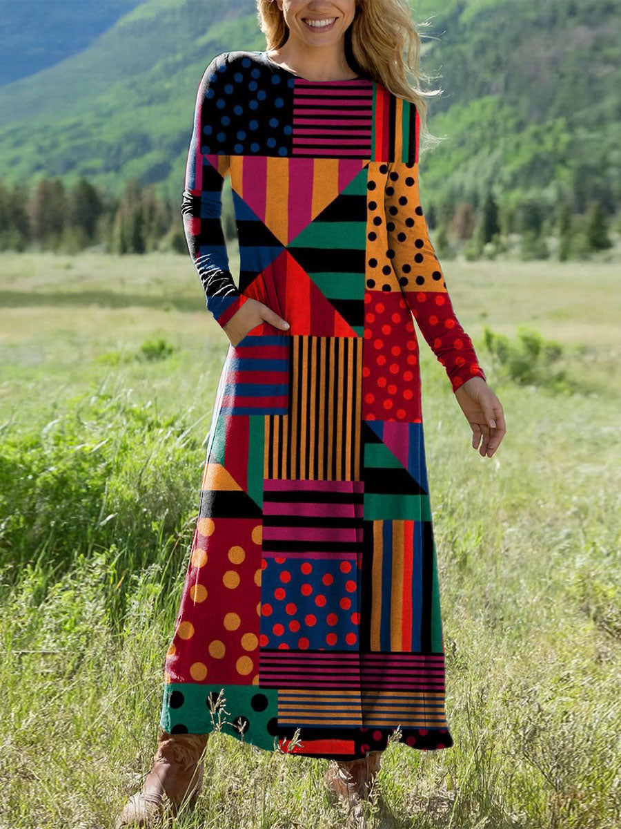 Women's Geometric Pattern Art Print Long-sleeved Dress