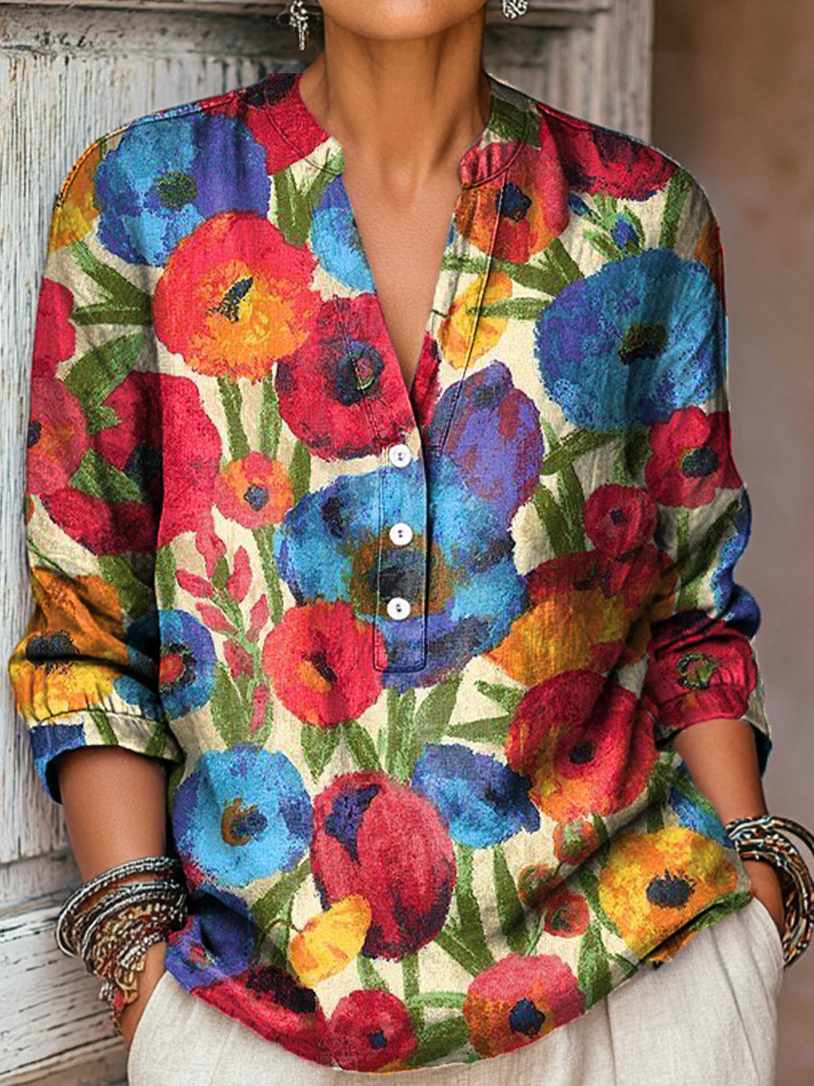 Women's Beautiful Colorful Abstract Floral Painting Art Print Casual Cotton And Linen Shirt