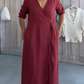 Women's Solid Color Wrap-around Tie Pocket Linen Dress