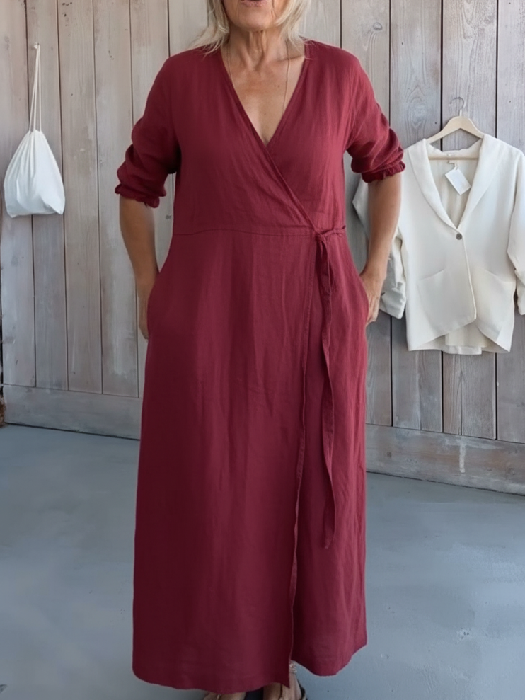 Women's Solid Color Wrap-around Tie Pocket Linen Dress