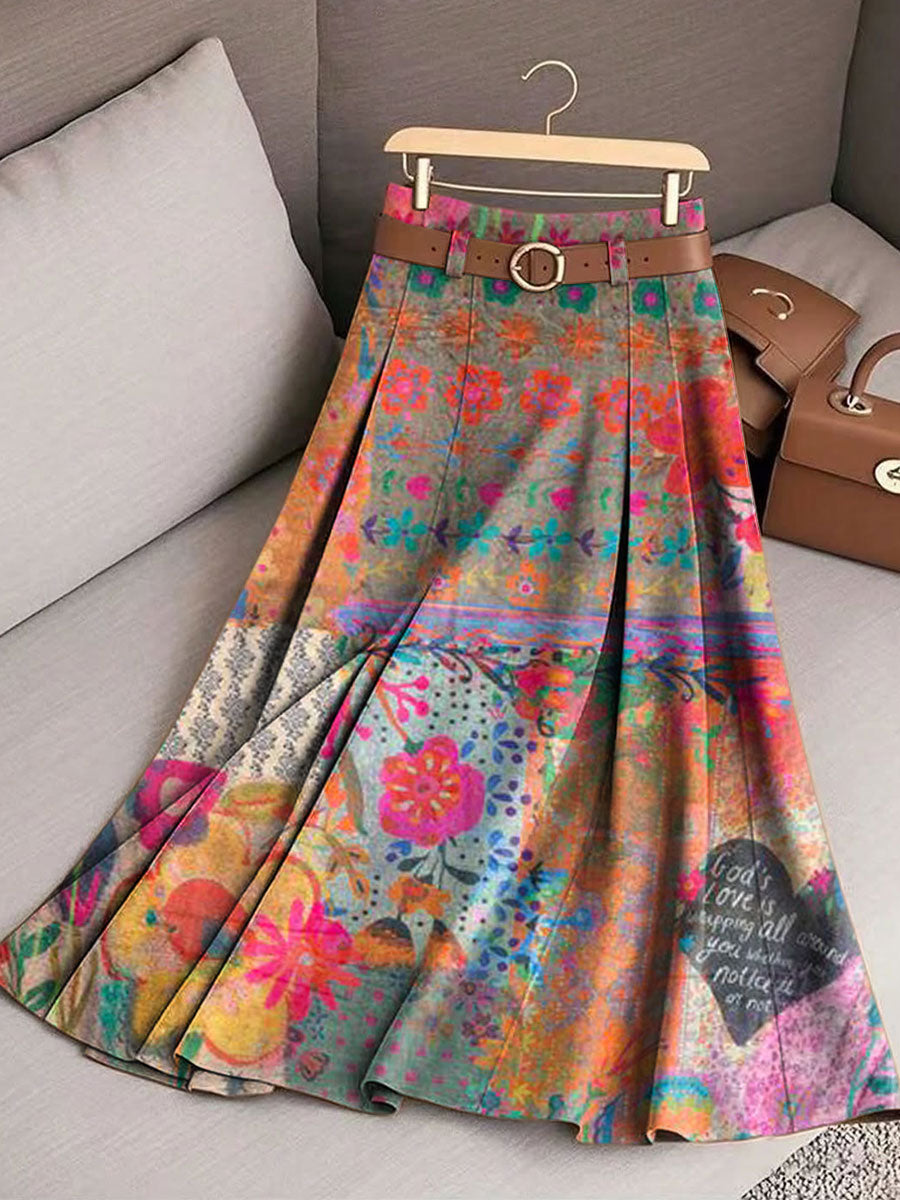 Women's Retro Boho Flowers Pattern Casual Print Cotton Skirt