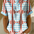 Retro Color-block Patchwork Print Loose-fit Cotton-linen Short-sleeve Shirt