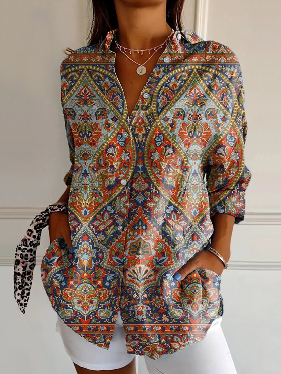 Women's Vintage Ethnic Pattern Art Print Casual Cotton Shirt