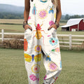 Women's Colourful Art Cartoon Butterfly Insect Pattern Print Casual 100% Cotton Wide Leg Jumpsuit