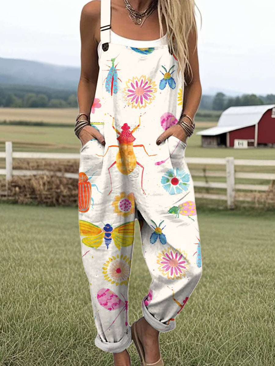 Women's Colourful Art Cartoon Butterfly Insect Pattern Print Casual 100% Cotton Wide Leg Jumpsuit