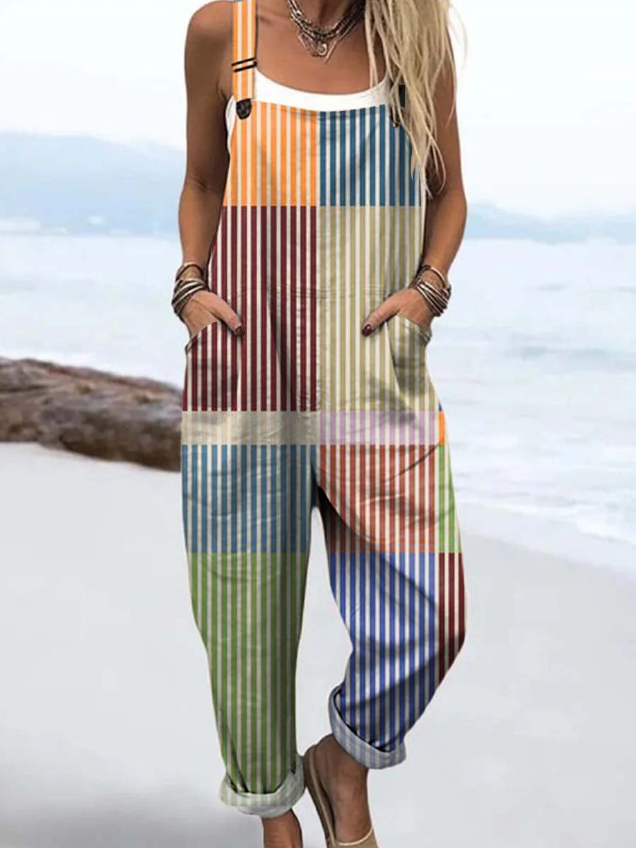 Women's Geometric Pattern Art Print Casual 100% Cotton Wide Leg Jumpsuit