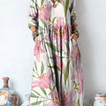 Women's Beautiful Large Flower Painting Art Print Linen Pocket Tunic Dress