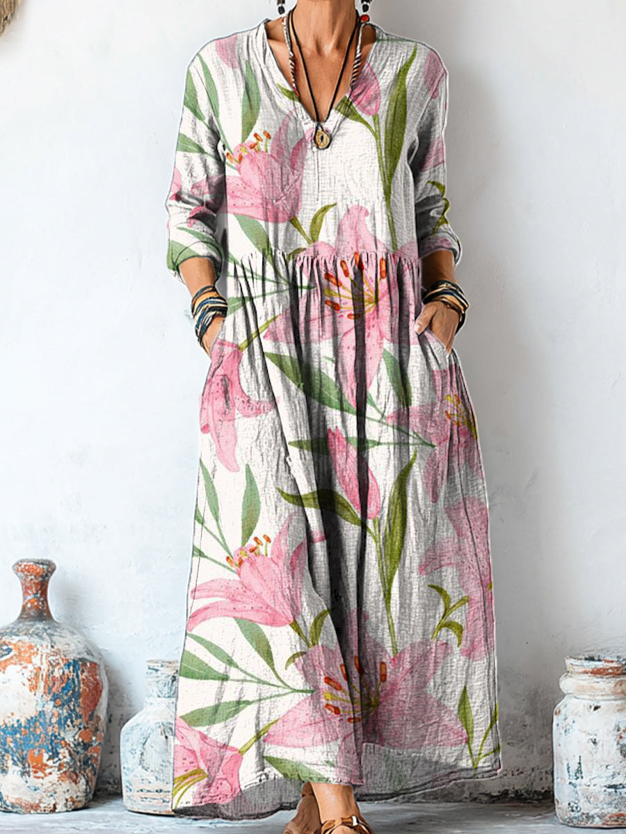 Women's Beautiful Large Flower Painting Art Print Linen Pocket Tunic Dress